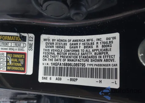 2006 Honda Civic Ex из США, поврежденный, VIN 1HGFA16896L089795